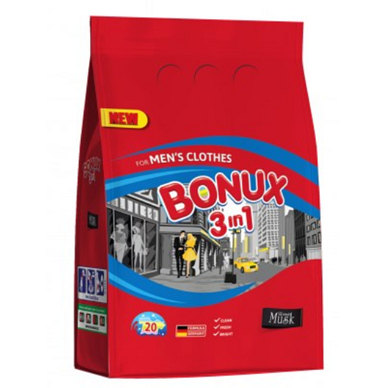 Bonux für Männer Vibrant Musk 3 in 1 Waschpulver für Männer 20 Dosen von 1,5 kg