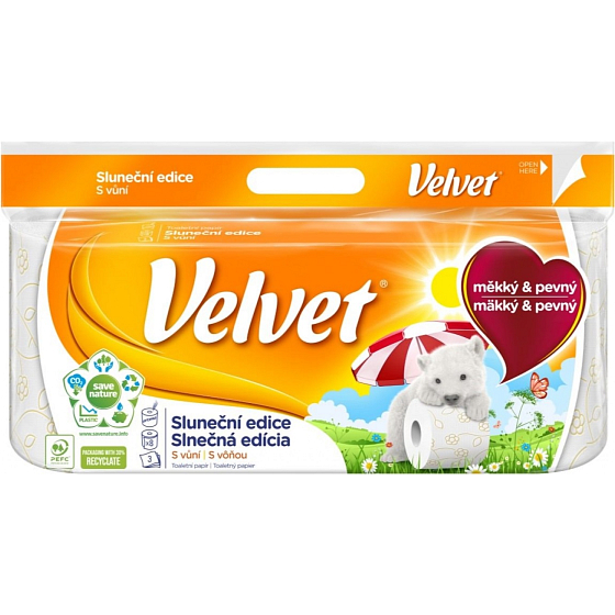 Velvet Sunshine Edition feines weißes Toilettenpapier mit Blumendruck und Duft 3lagig 8 Stück