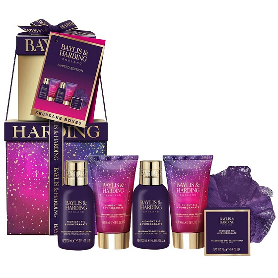 Baylis & Harding Feige und Granatapfel Duschgel 100 ml + Duschcreme 100 ml + Körperlotion 50 ml + Handcreme 50 ml + Badekristalle 25 g + Schwamm, Kosmetikset für Frauen