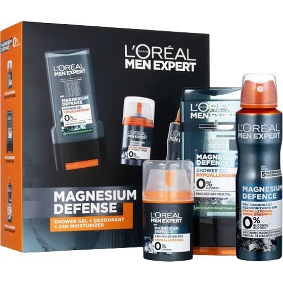 Loreal Paris Men Expert Magnesium Defence Duschgel 300 ml + Deodorant Spray 150 ml + Feuchtigkeitscreme für empfindliche Haut 50 ml, Kosmetikset für Männer