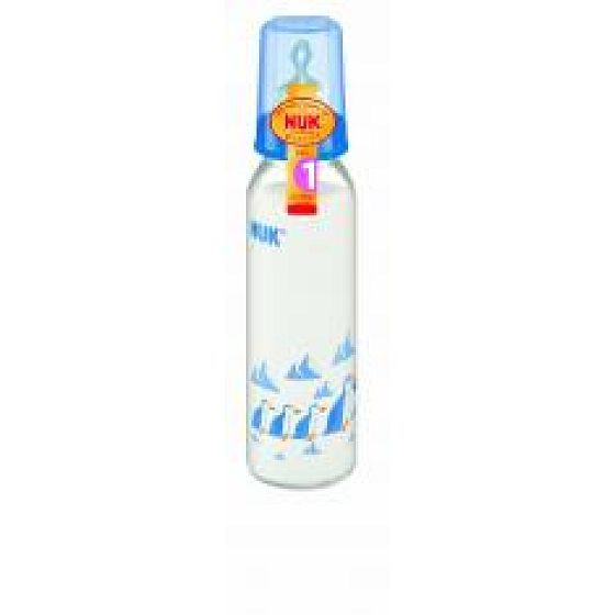 Nuk Glas Stillflasche Bunte Motive Silikon Sauger 0-6 Monate Größe 1 125 ml