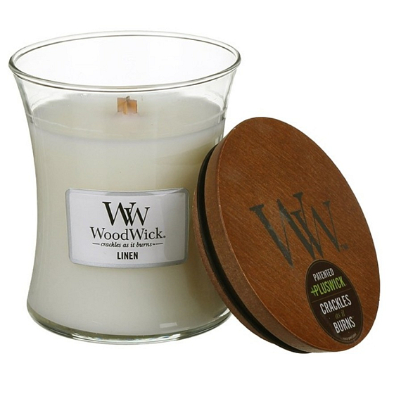 WoodWick Linen - Reine Leinen Duftkerze mit Holzdocht und Deckel Glas mittel 275 g
