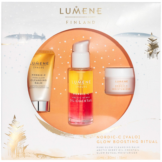 Lumene Nordic-C Valo Glow Boosting Ritual Cocktail aus arktischen Beeren Gesichtsöl 30 ml + Reinigungsbalsam 15 ml + Feuchtigkeitsgesichtscreme 15 ml, Kosmetikset