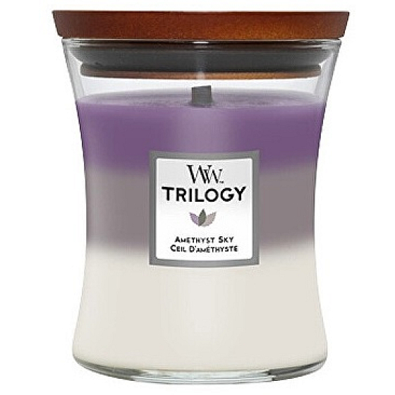 WoodWick Trilogy Amethyst Sky Duftkerze mit Holzdocht und Deckel Glas mittel 275 g