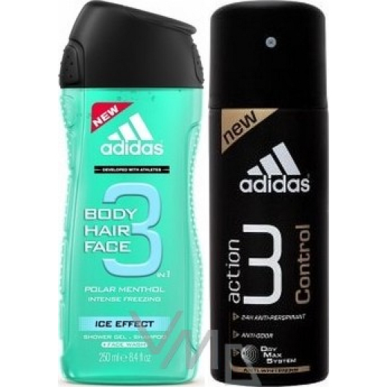 Adidas Ice Effect 3 in 1 Duschgel für Körper, Haare und Gesicht für Männer 250 ml + 3 Kontroll-Antitranspirant-Deodorant-Spray 150 ml, Kosmetikset