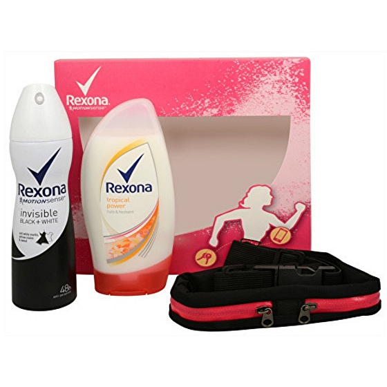 Rexona Motionsense Invisible Schwarz + Weiß Antitranspirant Deodorant Spray für Frauen 150 ml + Tropical Power Duschgel 250 ml + Sportkoffer zum Laufen, Kosmetikset