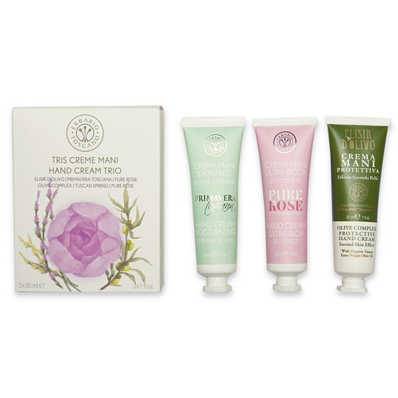 Erbario Toscano Tuscan Spring Handcreme 30 ml + Rose Handcreme 30 ml + Olivenhandcreme 30 ml, Luxuskosmetikset
