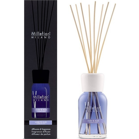 Millefiori Milano Naturviolett & Moschus - Veilchen- und Moschusdiffusor 250 ml + 8 30 cm lange Stiele für mittelgroße Räume hält mindestens 3 Monate