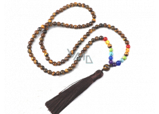 108 Mala 7 Chakra Halskette, Tigerauge Meditationsschmuck, Naturstein, geknotete Quaste 8 cm, Perle 6 mm