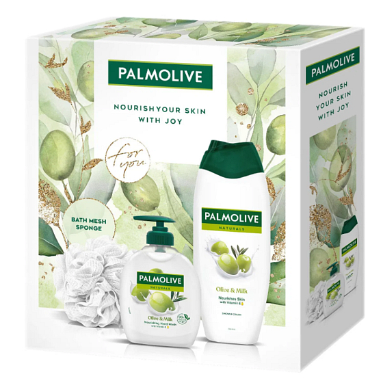 Palmolive Naturals Olive & Milk Flüssigseife 300 ml + Duschgel 500 ml + Waschschwamm, Kosmetikset