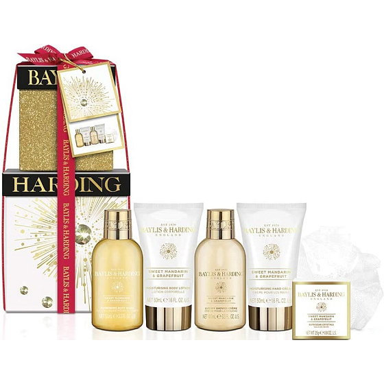Baylis & Harding Sweet Tangerine und Grapefruit Reinigungsgel 100 ml + Duschcreme 100 ml + Körperlotion 50 ml + Handcreme 50 ml + Badekristalle 25 g + Waschlappen, Kosmetikset