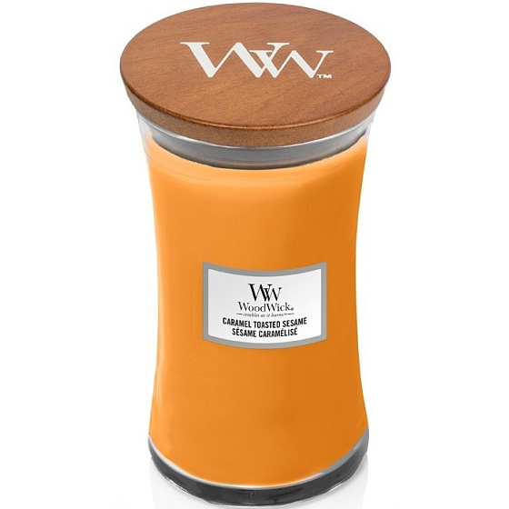 WoodWick Caramel Toasted Sesame - Sesamkekse mit Karamell-Duftkerze mit Holzdocht und Deckelglas groß 609 g