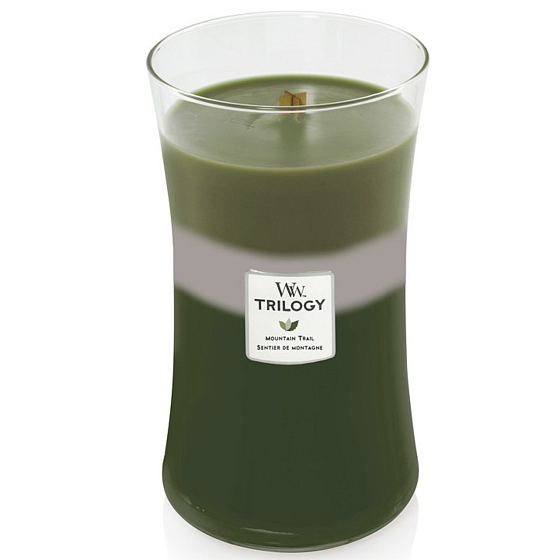WoodWick Trilogy Mountain Trail 609,5 g große Duftkerze mit Holzdocht und Deckel