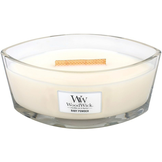 WoodWick Babypuder - Duftkerze mit Babypuder mit breitem Holzdocht und Deckelglasboot 453 g