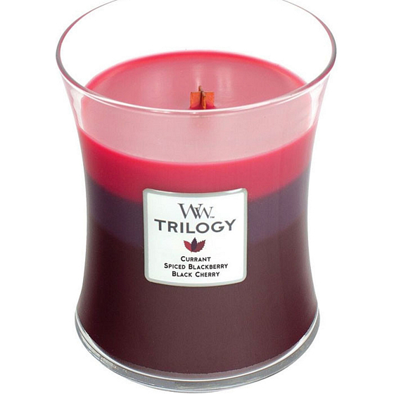 WoodWick Trilogy Sun Ripened Berries - Sommerkerze mit Beerenduft, Holzdocht und Glasdeckel Medium 275 g