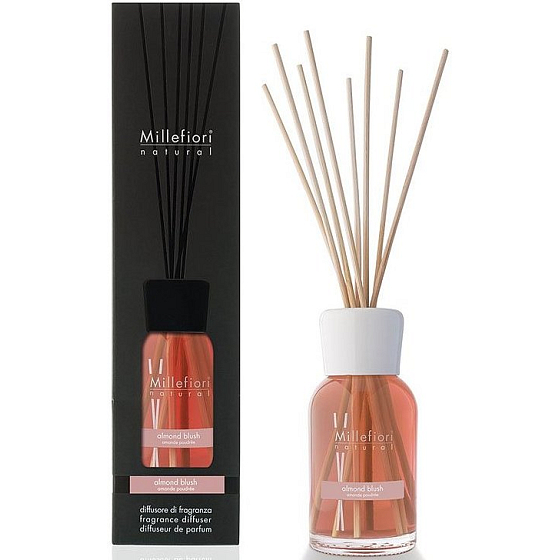 Millefiori Milano Natural Almond Blush - Mandelpuderdiffusor 250 ml + 8 Stiele 30 cm lang in mittelgroßen Räumen mindestens 3 Monate haltbar