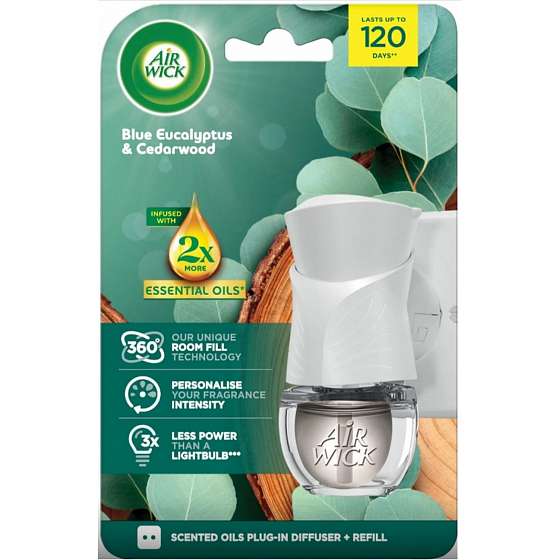 Air Wick Essential Oils Blue Eucalyptus & Eukalyptus a cedr elektrický osvěžovač vzduchu komplet 19 ml