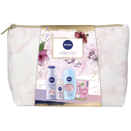 Nivea Pink Power Körperlotion 200 ml + Duschgel 250 ml + Antitranspirant Deodorant Roll-on 50 ml + Labello Lippenbalsam 4,8 g + Hülle, Kosmetikset für Frauen