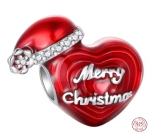 Charm Sterlingové stříbro 925 Vánoční srdce - Merry Christmas s čepičkou, korálek na náramek vánoce