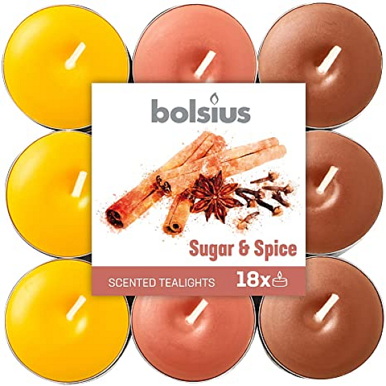 Bolsius Aromatischer Zucker & Gewürz - Nach Zucker und Gewürzen duftende Teelichter 18 Stück, Brenndauer 4 Stunden