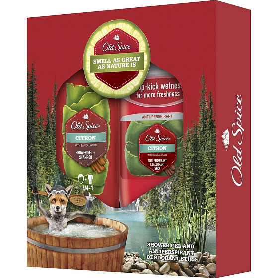 Old Spice Lemon mit Sandelholz 2in1 Shampoo und Duschgel für Männer 250 ml + Antitranspirant Deodorant Stick 50 ml, Kosmetikset