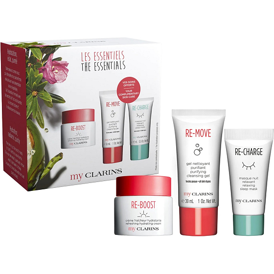 Clarins MyClarins Loyalty VP Feuchtigkeitscreme mit 50 ml Re-Boost-Reinigungsgel 30 ml + Entspannende Nachtmaske zum Aufladen 15 ml, kosmetisches Set