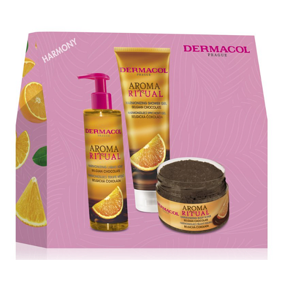 Dermacol Aroma Ritual Belgian Chocolate harmonisierende Flüssigseife 250 ml + Belgian Chocolate harmonisierendes Duschgel 250 ml + Belgian Chocolate harmonisierendes Körperpeeling 200 g, Kosmetikset für Frauen