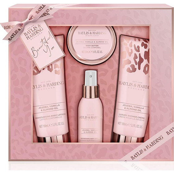 Baylis & Harding Duschcreme mit Jojoba-, Vanille- und Mandelöl 100 ml + Körperlotion 100 ml + Körperspray 50 ml + Körperbutter 50 ml, Kosmetikset