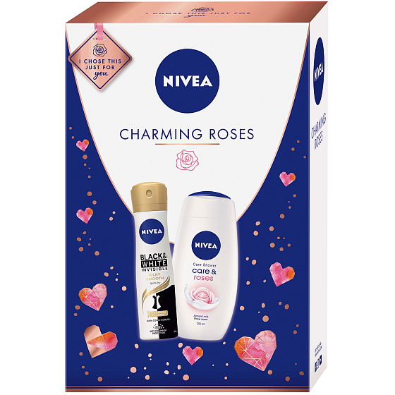 Nivea Charming Roses Duschgel für Frauen 250 ml + Black & White Silky Smooth Antitranspirant Spray für Frauen 150 ml, Kosmetikset