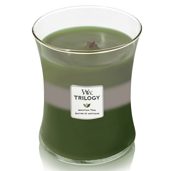 WoodWick Trilogy Mountain Trail - Duftkerze für Bergpfade mit Holzdocht und Deckelglas Medium 275 g