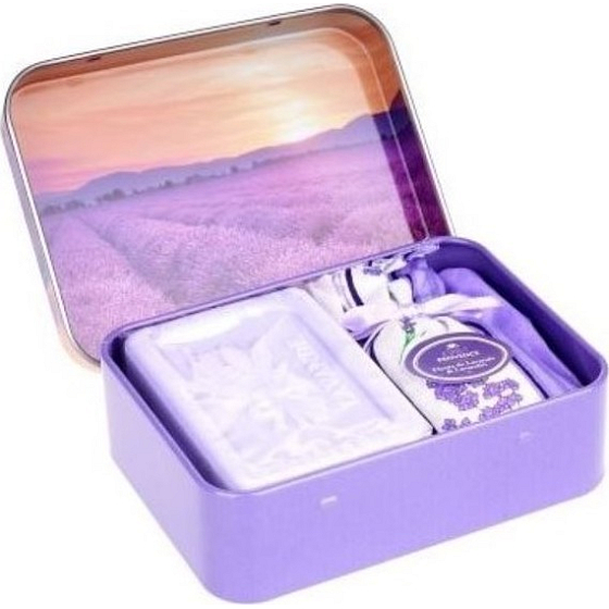 Esprit Provence Lavendel Toilettenseife 60 g + Lavendelduftbeutel + Blechdose mit Bild eines Lavendelfeldes, Kosmetikset für Damen