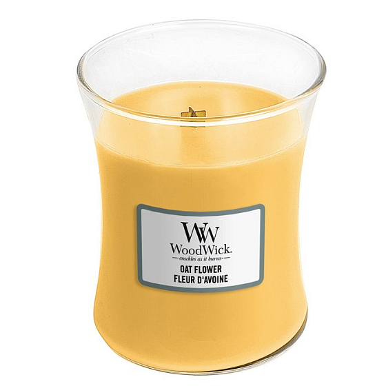 WoodWick Oat Flower - Haferblumenduftkerze mit Holzdocht und Glasdeckel Medium 275 g