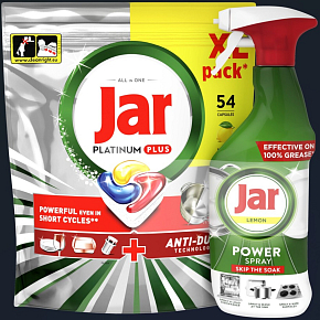 JAR TABLLETEN FÜR DIE SPÜLMASCHINE 54 STK PLATINUM PLUS+JAR POWER SPRAY 500 ML ZITRONE 0699