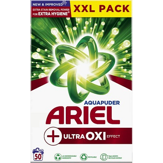 Ariel Aquapuder Ultra Oxi Effect Waschpulver für weiße, bunte und schwarze Wäsche 50 Dosen 3,25 kg