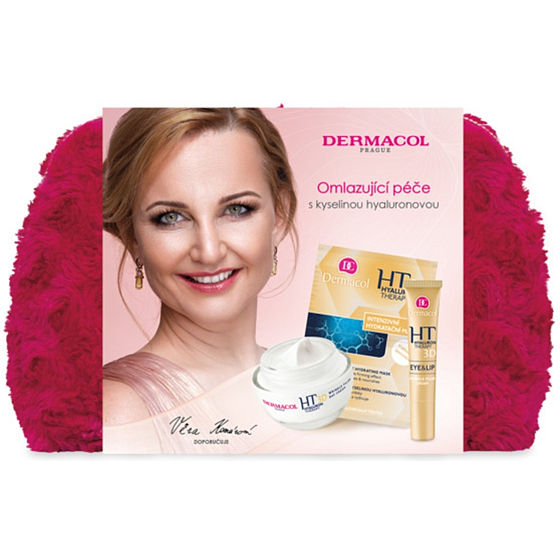 Dermacol Hyaluron Therapy 3D remodellierende Tagescreme 50 ml + remodellierende Augen- und Lippencreme 15 ml + intensiv feuchtigkeitsspendende und remodellierende Maske 2 x 8 g + Kosmetiktasche, Kosmetikset für Frauen