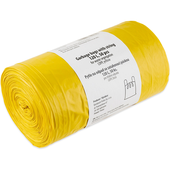 Quickpack gelbe Zugbeutel für Abfall, 55× 100 cm, 28 µm, 120 l, 50 Stk