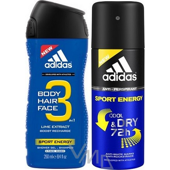Adidas Sport Energy 3 in 1 Duschgel für Körper, Haare und Gesicht für Männer 250 ml + Antitranspirant Deodorant Spray 150 ml, Kosmetikset