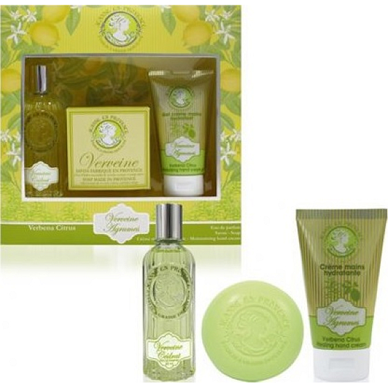 Jeanne en Provence Verveine Agrumes - Parfümwasser aus Eisenkraut und Zitrusfrüchten für Frauen 60 ml + feste Toilettenseife 100 g + Handcreme 75 ml, Geschenkset