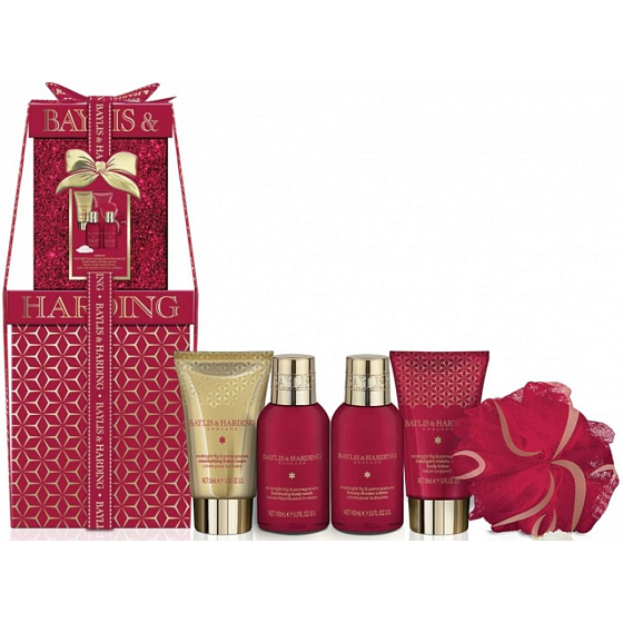 Baylis & Harding Feigen- und Granatapfel-Duschgel 100 ml + Duschcreme 100 ml + Bodylotion 50 ml + Handcreme 50 ml + Badekristalle 25 g + Massageschwamm, Kosmetikset