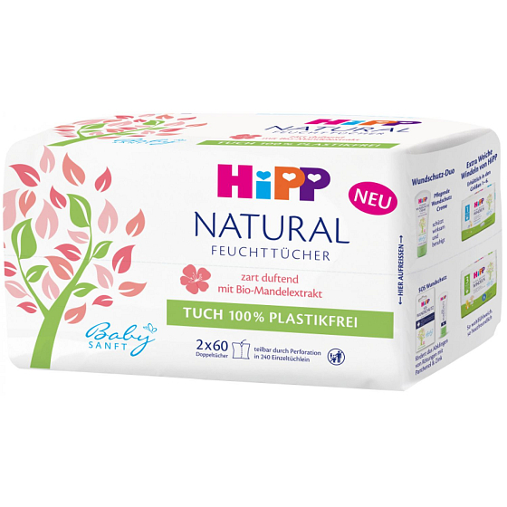 HiPP Babysanft Natural Sensitive Reinigung Feuchttücher für Kinder ohne Mikroplastik 2 x 60 Stück