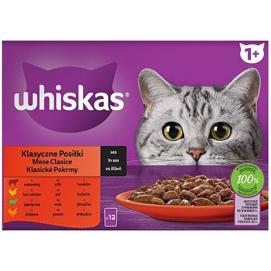 Whiskas Classic Mahlzeiten im Saft Rind, Huhn, Lamm, Geflügeltaschen 12 x 85 g