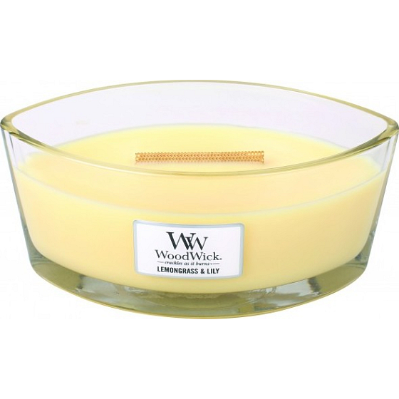WoodWick Lemongrass & Lily - Duftkerze aus Zitronengras und Lilie mit breitem Holzdocht und Bootsdeckel 453 g