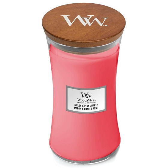 WoodWick Melon & Pink Quartz - Melone und rosa Quarz Duftkerze mit Holzdocht und Deckel Glas groß 609 g