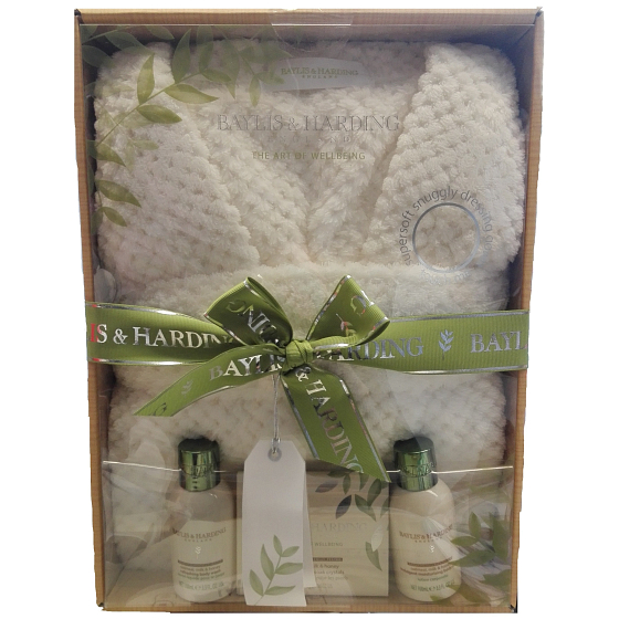 Baylis & Harding Haferflocken, Milch, Honig Flüssigseife 100 ml + Bodylotion 100 ml + Kristalle für Fußbad 75 g + weißer Baumwollbademantel, Kosmetikset