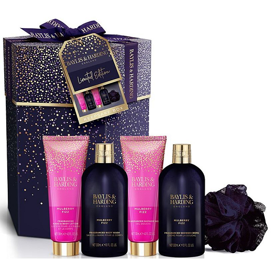 Baylis & Harding Mulberry Fizz Duschcreme 300 ml + Waschgel 300 ml + Körper- und Handlotion 130 ml + Duschgel 130 ml + Waschschwamm, Kosmetikset für Damen