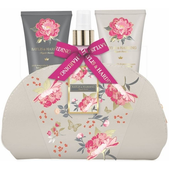 Baylis & Harding Rosa Duschcreme aus Magnolien und Birnenblüten 50 ml + Hand- und Körperlotion 50 ml + Körperspray 100 ml + Kosmetiktasche, Kosmetikset