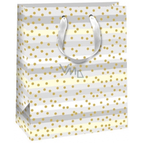 Ditipo Geschenk Papiertüte 26,4 x 13,6 x 32,7 cm grauweiße, gestreifte, goldene Räder Glitter