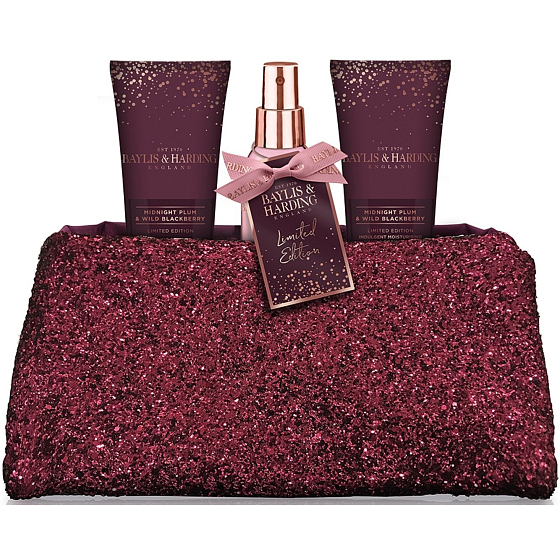 Baylis & Harding Midnight Plum und Wild Blackberry Körperspray 100 ml + Duschgel 100 ml + Hand- und Körperlotion 100 ml + Handtasche, Kosmetikset