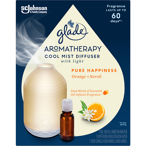 Glade Aromatherapie Cool Mist Diffusor Pure Happiness Orange + Neroli Diffusor führte Hintergrundbeleuchtung, Farbe weiß, 1 + 17,4 ml