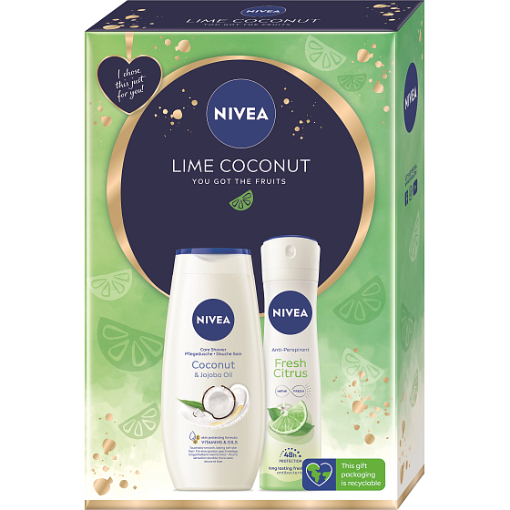Nivea Lime Coconut Coconut & Jojoba Oil cremiges Duschgel 250 ml + Fresh Citrus Antitranspirant Deodorant Spray 150 ml, Kosmetikset für Frauen